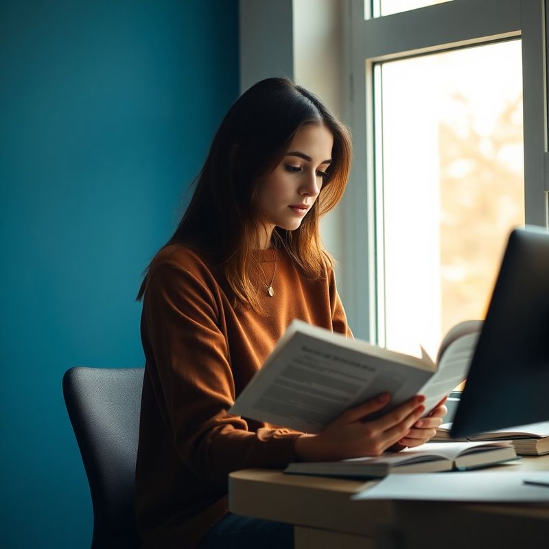 Portret editorial al unei redactoare lângă o fereastră, perete albastru intens în fundal